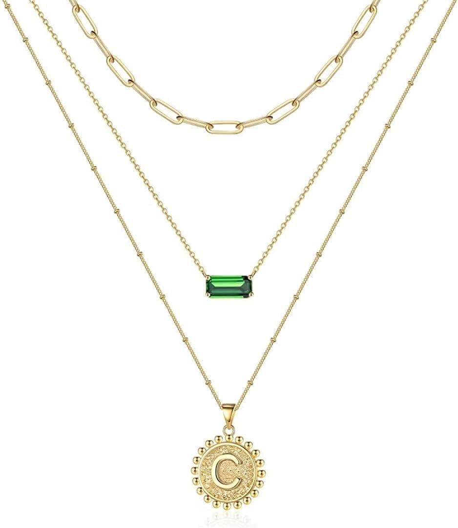 Layered Gold Necklace for Women,14K Gold Plated Necklace Initial Letter Necklace Green Crystal Necklace Gold Necklaces Set Layering Paperclip Chain Gold Layered Necklaces for Women Girls Jewelry Gifts C
