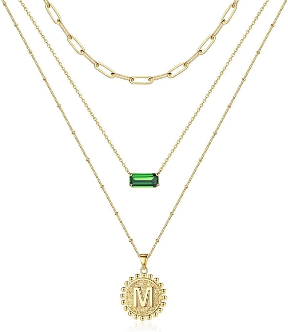 Layered Gold Necklace for Women,14K Gold Plated Necklace Initial Letter Necklace Green Crystal Necklace Gold Necklaces Set Layering Paperclip Chain Gold Layered Necklaces for Women Girls Jewelry Gifts M