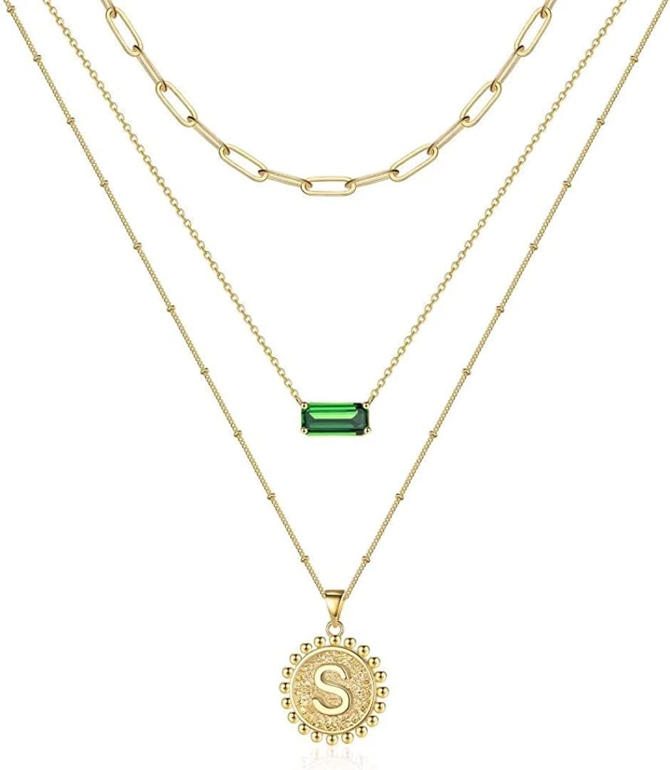 Layered Gold Necklace for Women,14K Gold Plated Necklace Initial Letter Necklace Green Crystal Necklace Gold Necklaces Set Layering Paperclip Chain Gold Layered Necklaces for Women Girls Jewelry Gifts S
