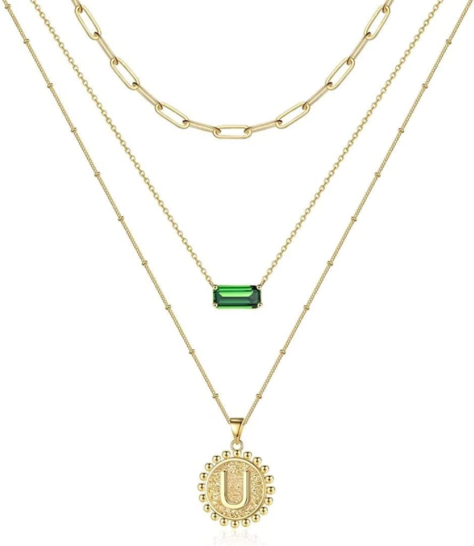Layered Gold Necklace for Women,14K Gold Plated Necklace Initial Letter Necklace Green Crystal Necklace Gold Necklaces Set Layering Paperclip Chain Gold Layered Necklaces for Women Girls Jewelry Gifts U
