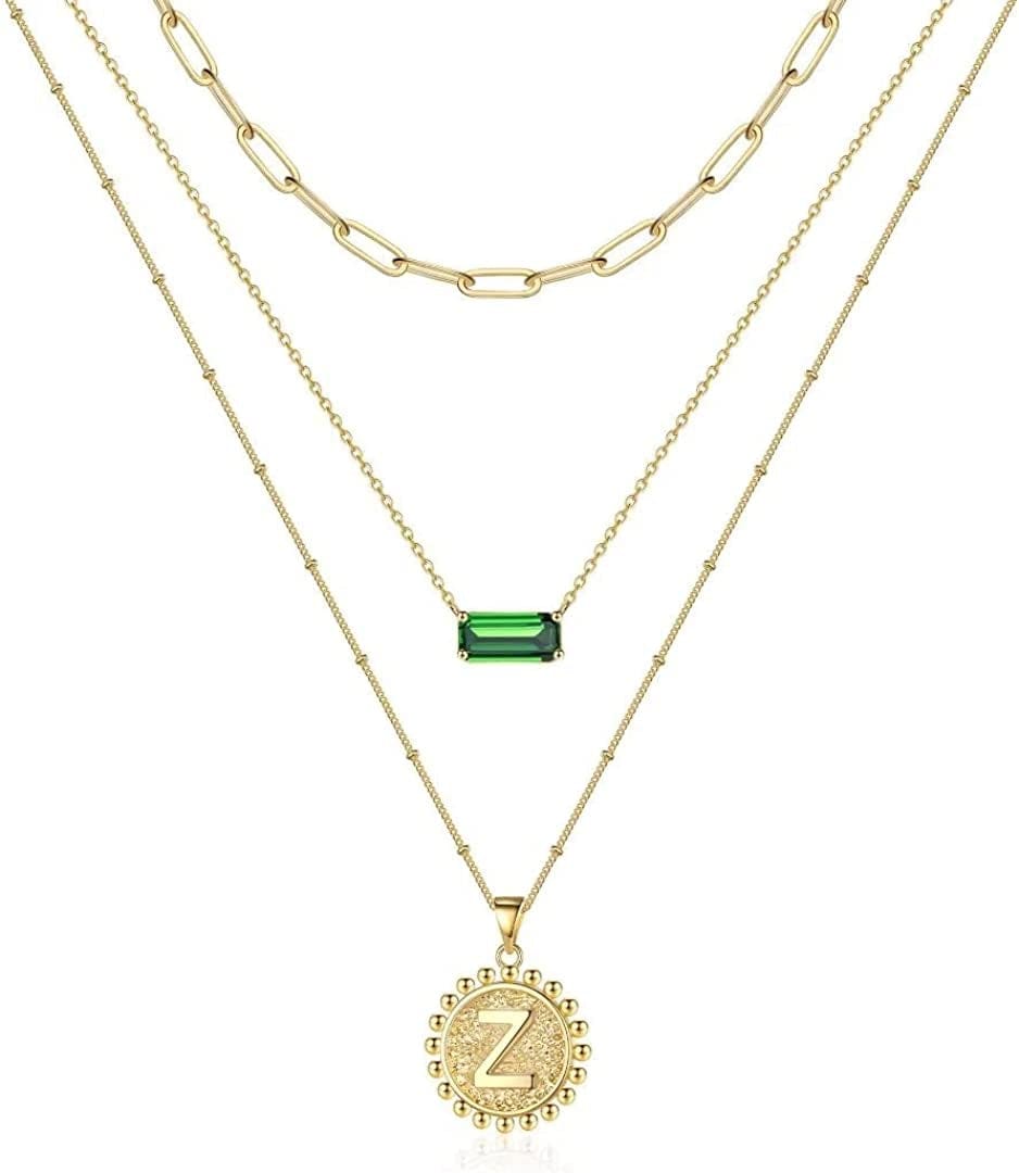 Layered Gold Necklace for Women,14K Gold Plated Necklace Initial Letter Necklace Green Crystal Necklace Gold Necklaces Set Layering Paperclip Chain Gold Layered Necklaces for Women Girls Jewelry Gifts Z