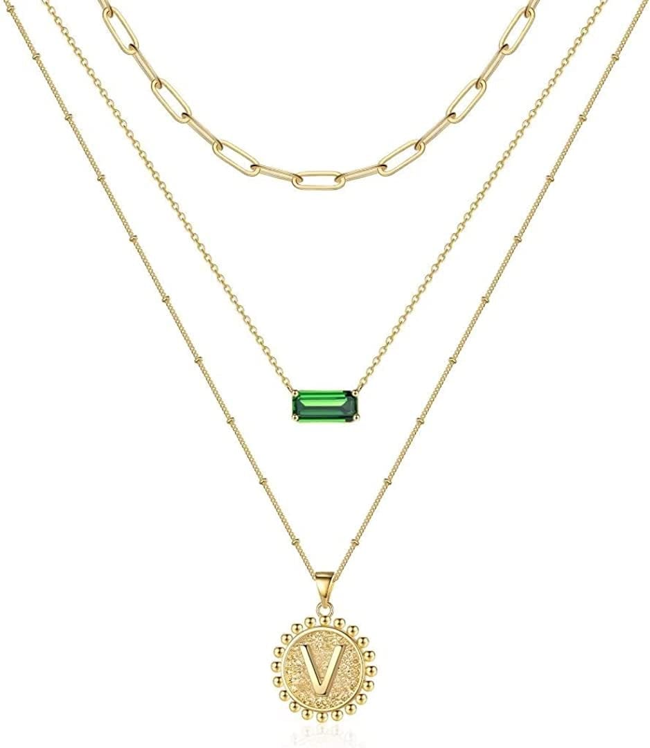 Layered Gold Necklace for Women,14K Gold Plated Necklace Initial Letter Necklace Green Crystal Necklace Gold Necklaces Set Layering Paperclip Chain Gold Layered Necklaces for Women Girls Jewelry Gifts V