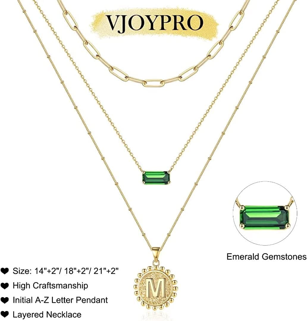 Layered Gold Necklace for Women,14K Gold Plated Necklace Initial Letter Necklace Green Crystal Necklace Gold Necklaces Set Layering Paperclip Chain Gold Layered Necklaces for Women Girls Jewelry Gifts
