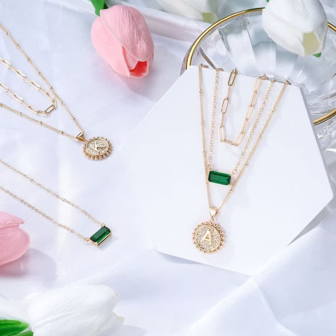Layered Gold Necklace for Women,14K Gold Plated Necklace Initial Letter Necklace Green Crystal Necklace Gold Necklaces Set Layering Paperclip Chain Gold Layered Necklaces for Women Girls Jewelry Gifts