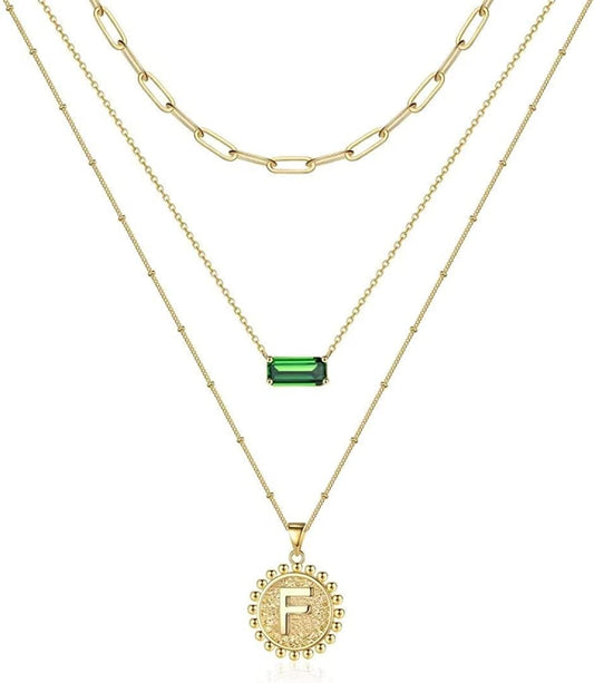 Layered Gold Necklace for Women,14K Gold Plated Necklace Initial Letter Necklace Green Crystal Necklace Gold Necklaces Set Layering Paperclip Chain Gold Layered Necklaces for Women Girls Jewelry Gifts F