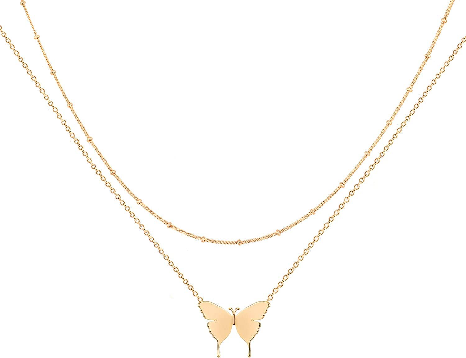 Layered Heart Necklace Pendant Handmade 18K Gold Plated Dainty Gold Choker Arrow Bar Layering Long Necklace for Women Layered Butterfly GD