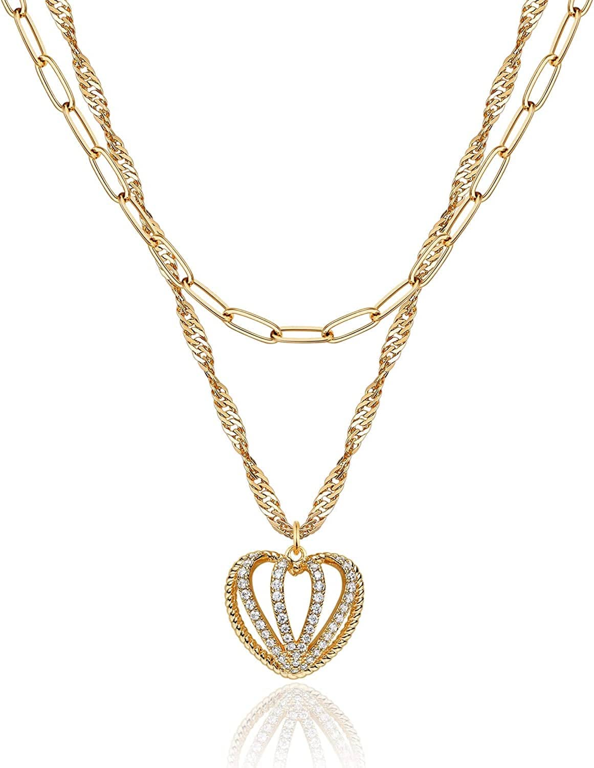 Layered Heart Necklace Pendant Handmade 18K Gold Plated Dainty Gold Choker Arrow Bar Layering Long Necklace for Women Heart CZ