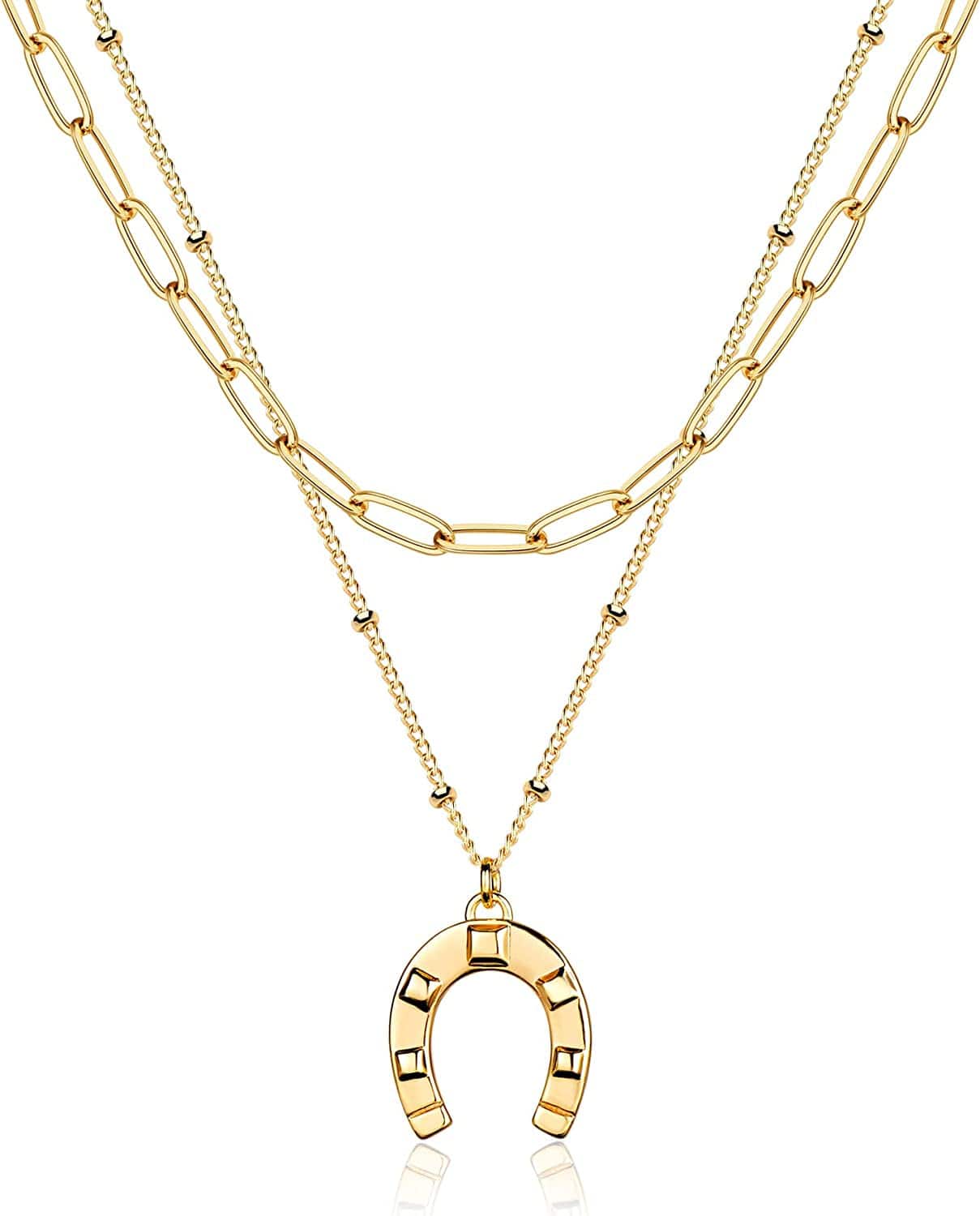 Layered Heart Necklace Pendant Handmade 18K Gold Plated Dainty Gold Choker Arrow Bar Layering Long Necklace for Women Layer Horseshoe