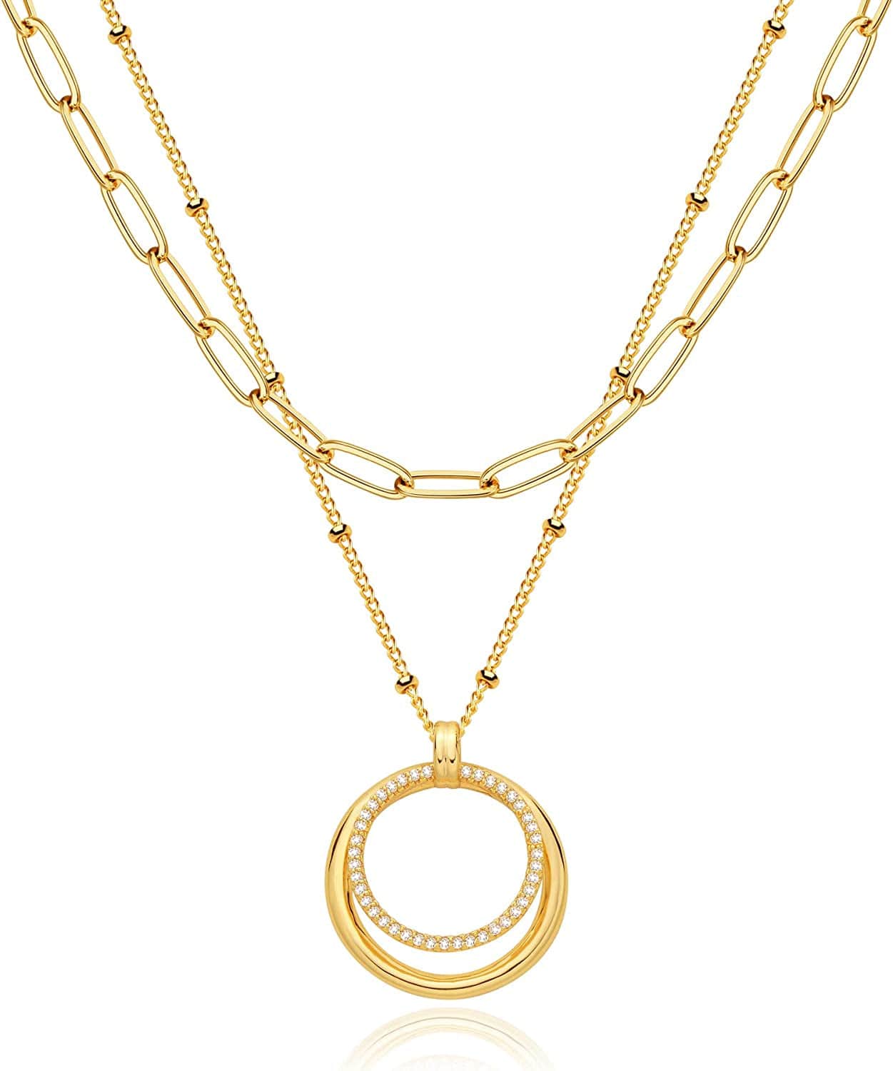 Layered Heart Necklace Pendant Handmade 18K Gold Plated Dainty Gold Choker Arrow Bar Layering Long Necklace for Women Layer Double Circle