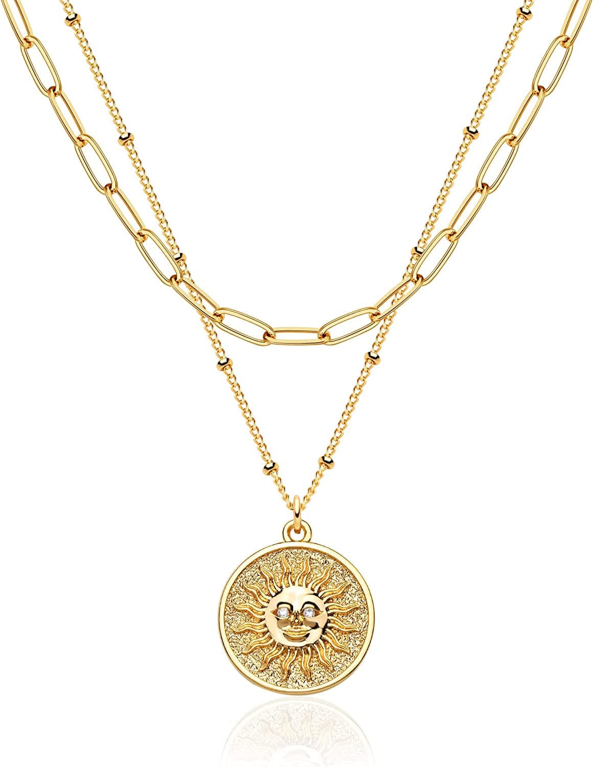 Layered Heart Necklace Pendant Handmade 18K Gold Plated Dainty Gold Choker Arrow Bar Layering Long Necklace for Women Layer Sun Face