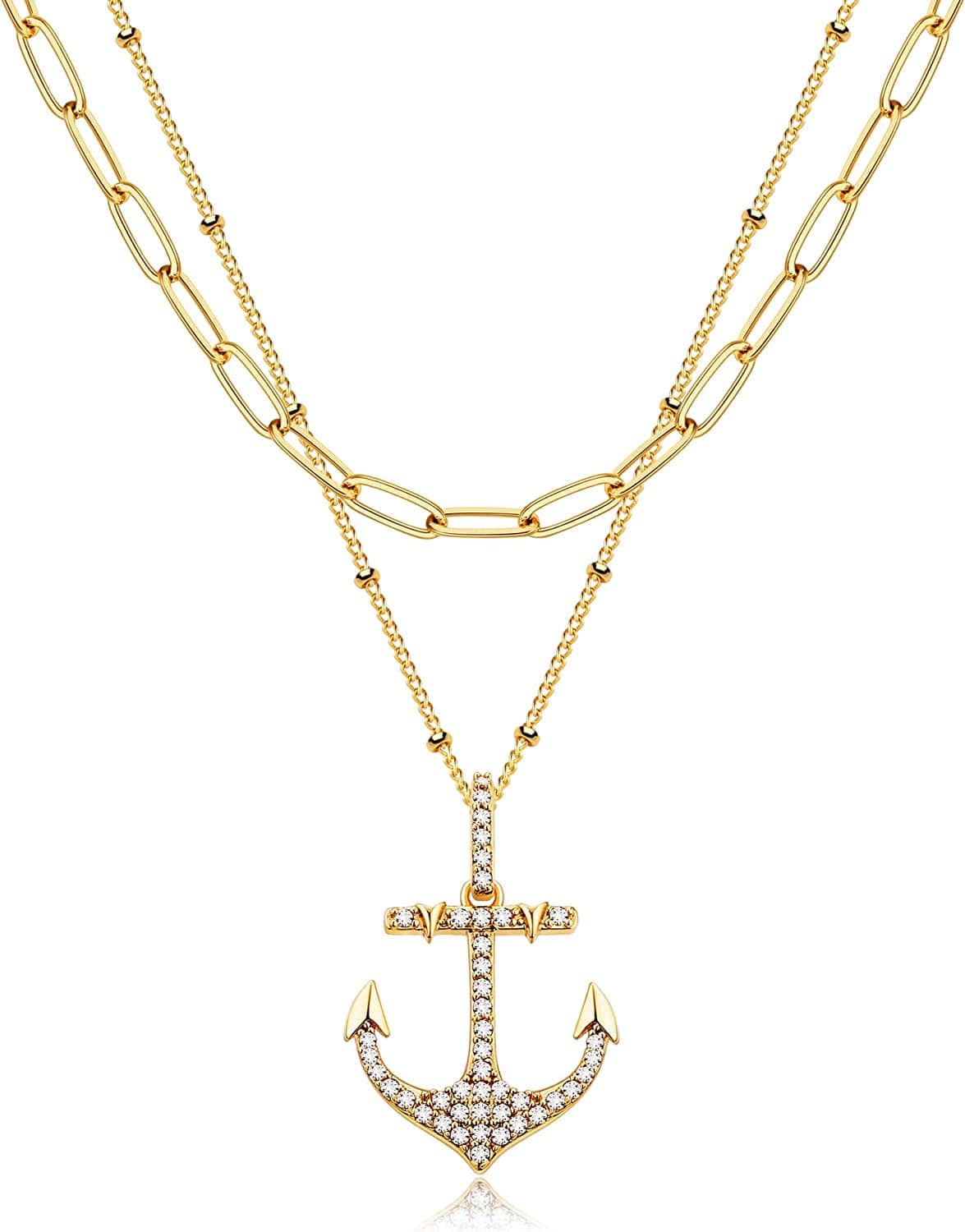 Layered Heart Necklace Pendant Handmade 18K Gold Plated Dainty Gold Choker Arrow Bar Layering Long Necklace for Women Layer Anchor