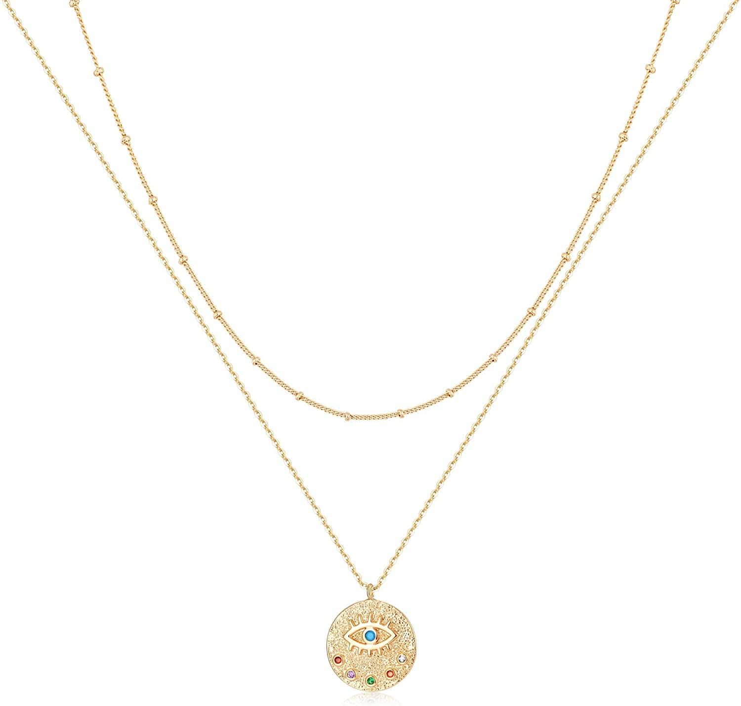 Layered Heart Necklace Pendant Handmade 18K Gold Plated Dainty Gold Choker Arrow Bar Layering Long Necklace for Women Layered evli eye GD