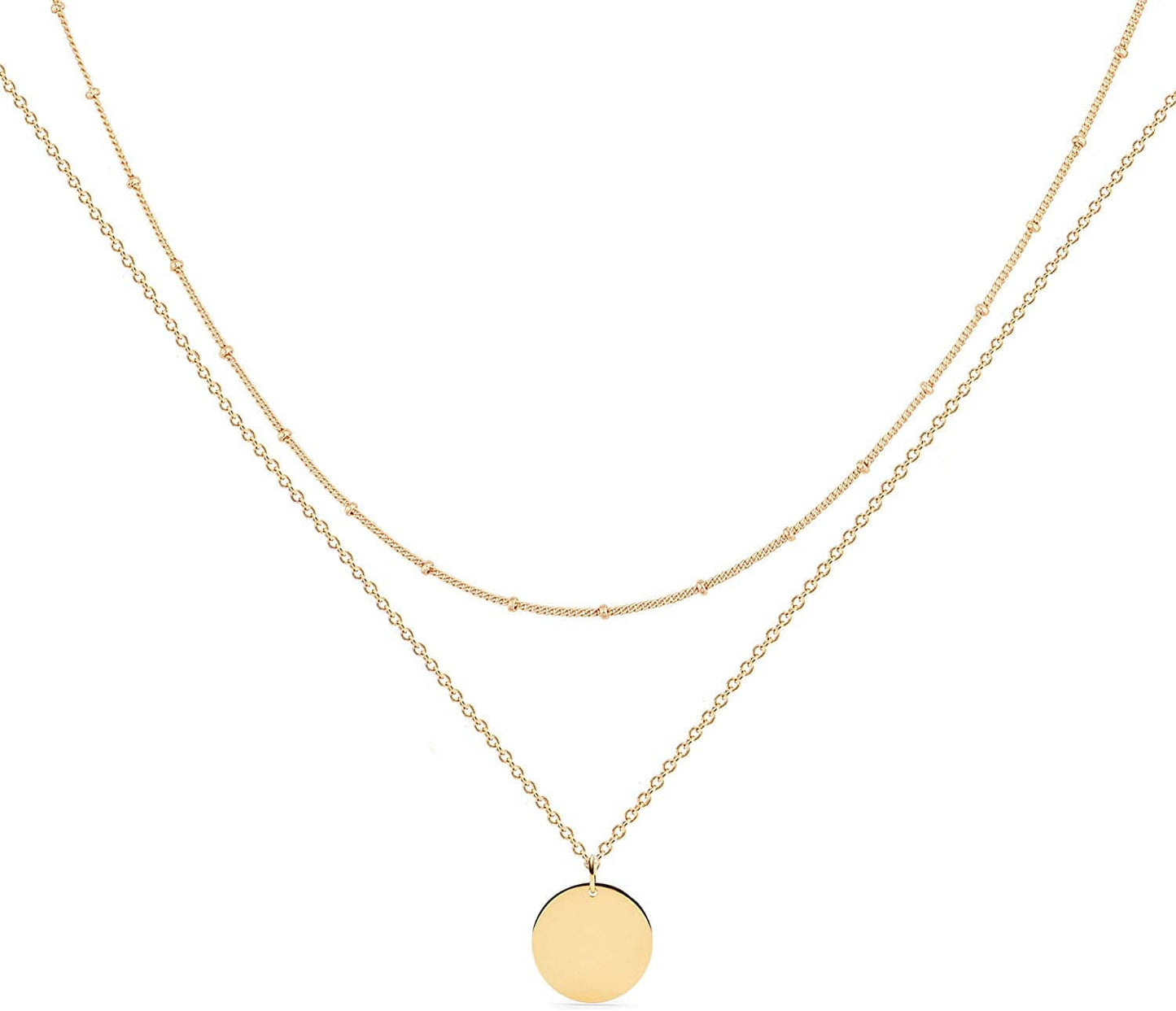 Layered Heart Necklace Pendant Handmade 18K Gold Plated Dainty Gold Choker Arrow Bar Layering Long Necklace for Women Layer disc-GD