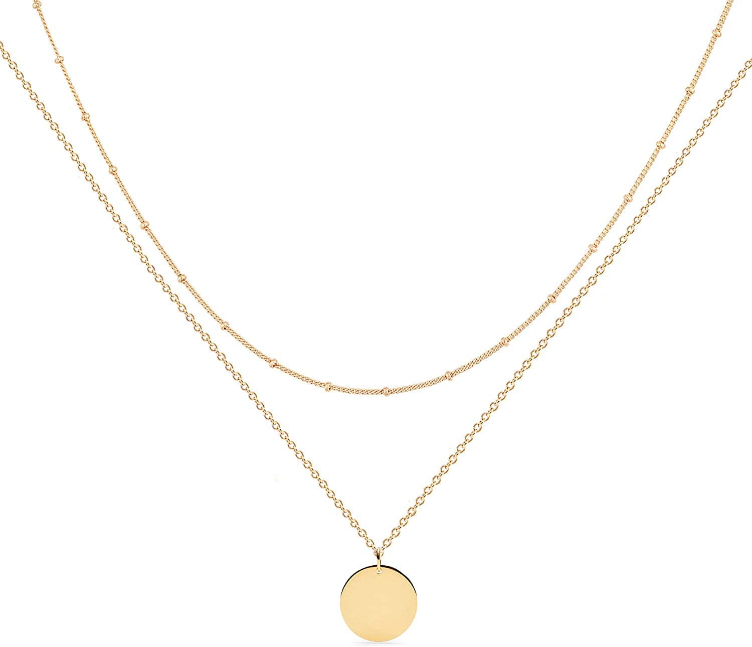Layered Heart Necklace Pendant Handmade 18K Gold Plated Dainty Gold Choker Arrow Bar Layering Long Necklace for Women Layer disc-GD