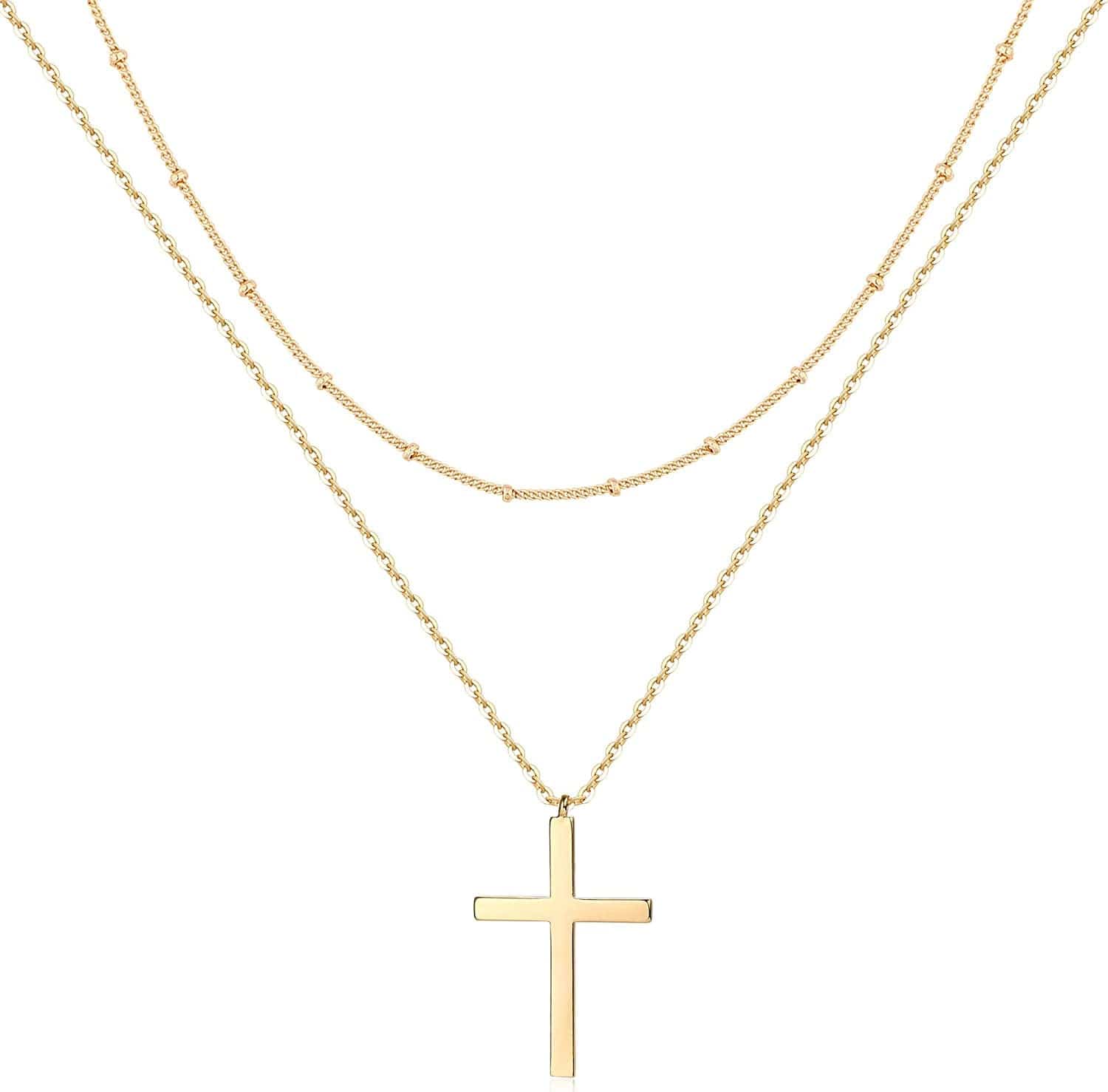 Layered Heart Necklace Pendant Handmade 18K Gold Plated Dainty Gold Choker Arrow Bar Layering Long Necklace for Women layer cross