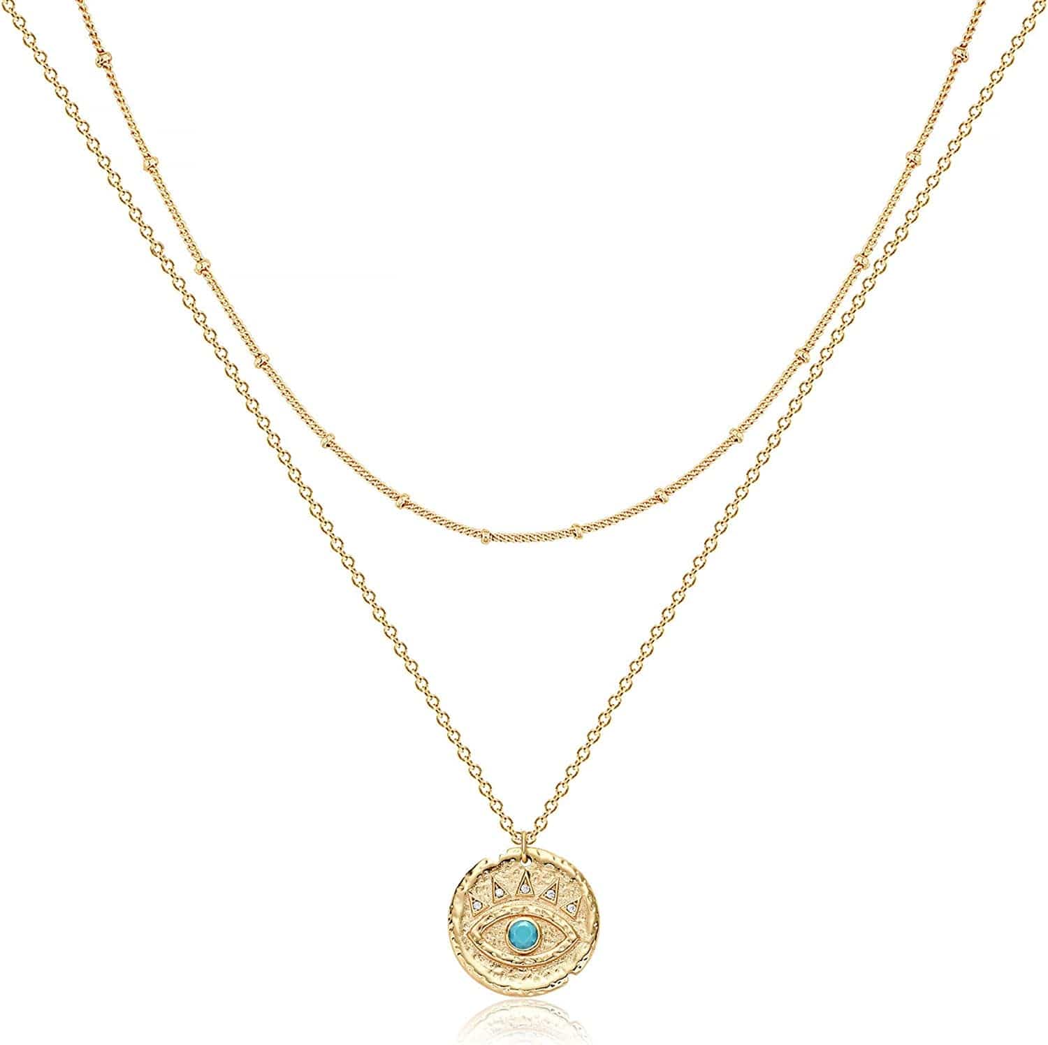 Layered Heart Necklace Pendant Handmade 18K Gold Plated Dainty Gold Choker Arrow Bar Layering Long Necklace for Women Layer disc evil eye