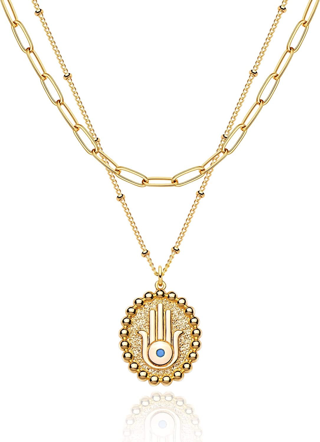 Layered Heart Necklace Pendant Handmade 18K Gold Plated Dainty Gold Choker Arrow Bar Layering Long Necklace for Women Layer Oval Hamsa