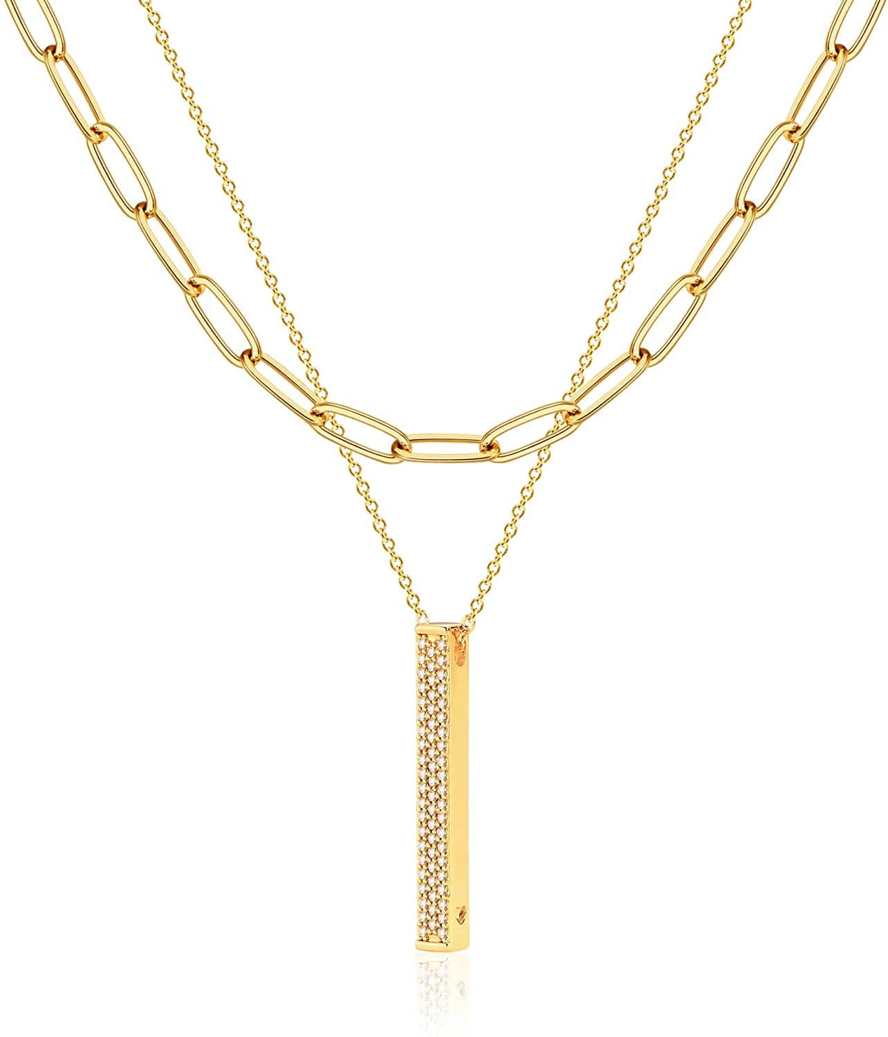 Layered Heart Necklace Pendant Handmade 18K Gold Plated Dainty Gold Choker Arrow Bar Layering Long Necklace for Women Layer Vertical Bar