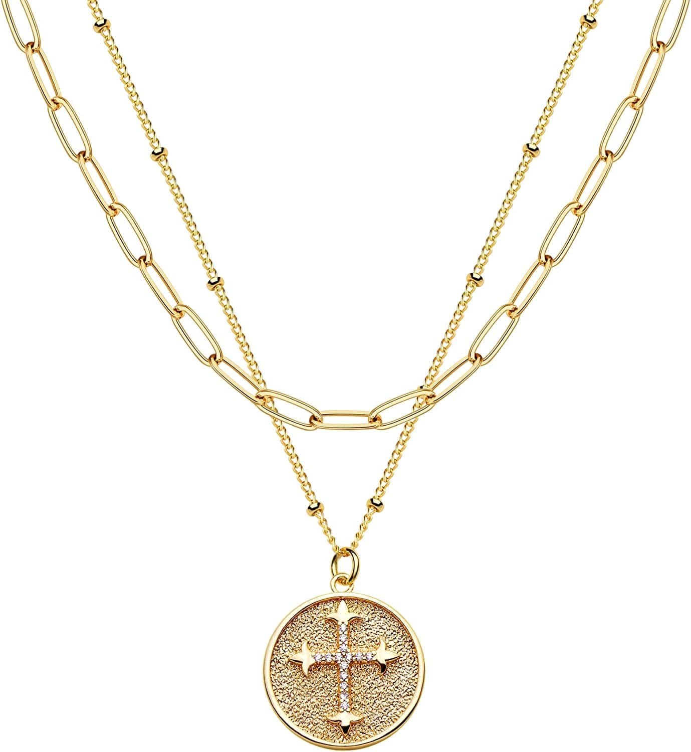 Layered Heart Necklace Pendant Handmade 18K Gold Plated Dainty Gold Choker Arrow Bar Layering Long Necklace for Women Layer Round Cross