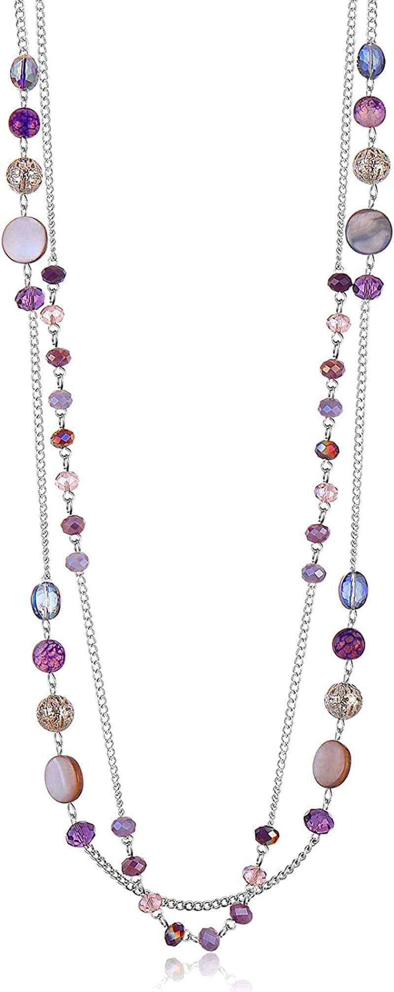 Layered Long Necklaces for Women Crystal Beaded Statement Necklace Sweater Silver Chain with Gifts Box Jewelry Purple