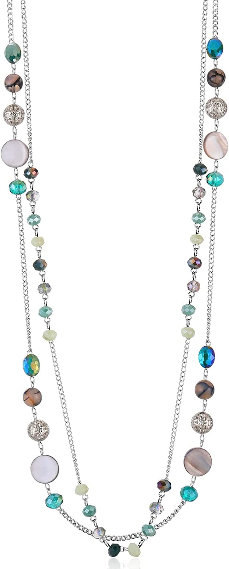 Layered Long Necklaces for Women Crystal Beaded Statement Necklace Sweater Silver Chain with Gifts Box Jewelry Green