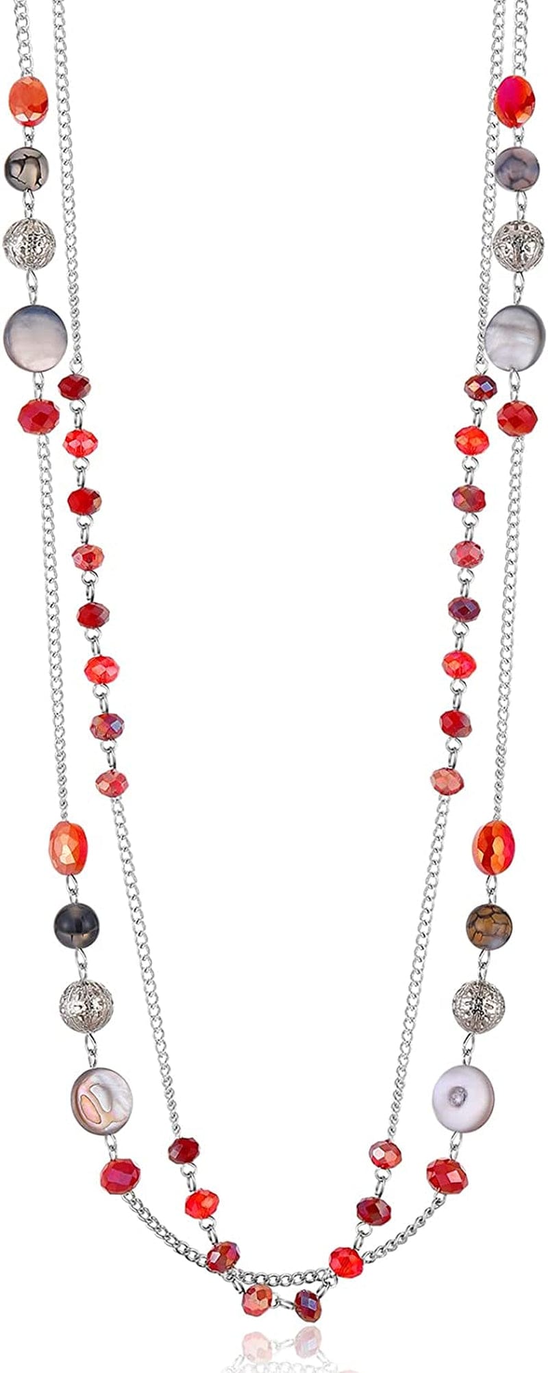 Layered Long Necklaces for Women Crystal Beaded Statement Necklace Sweater Silver Chain with Gifts Box Jewelry Red