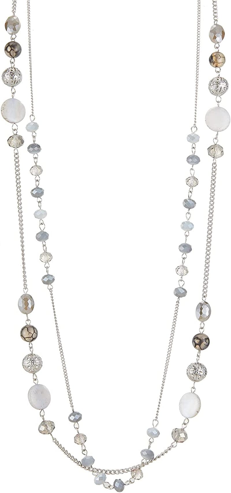 Layered Long Necklaces for Women Crystal Beaded Statement Necklace Sweater Silver Chain with Gifts Box Jewelry Grey