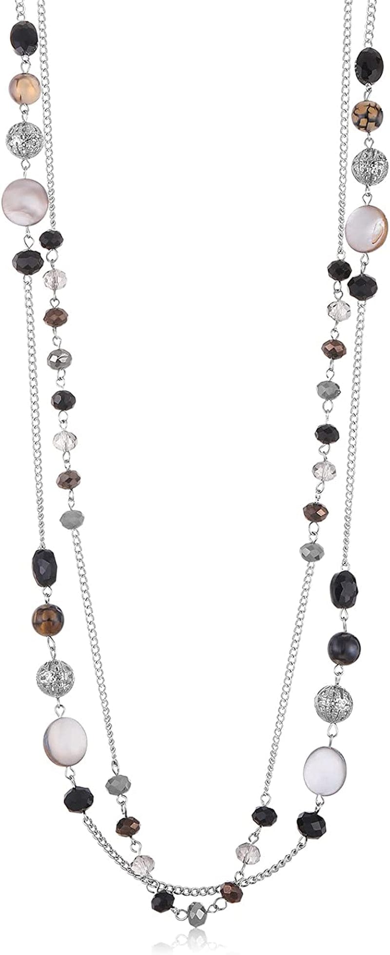 Layered Long Necklaces for Women Crystal Beaded Statement Necklace Sweater Silver Chain with Gifts Box Jewelry Black