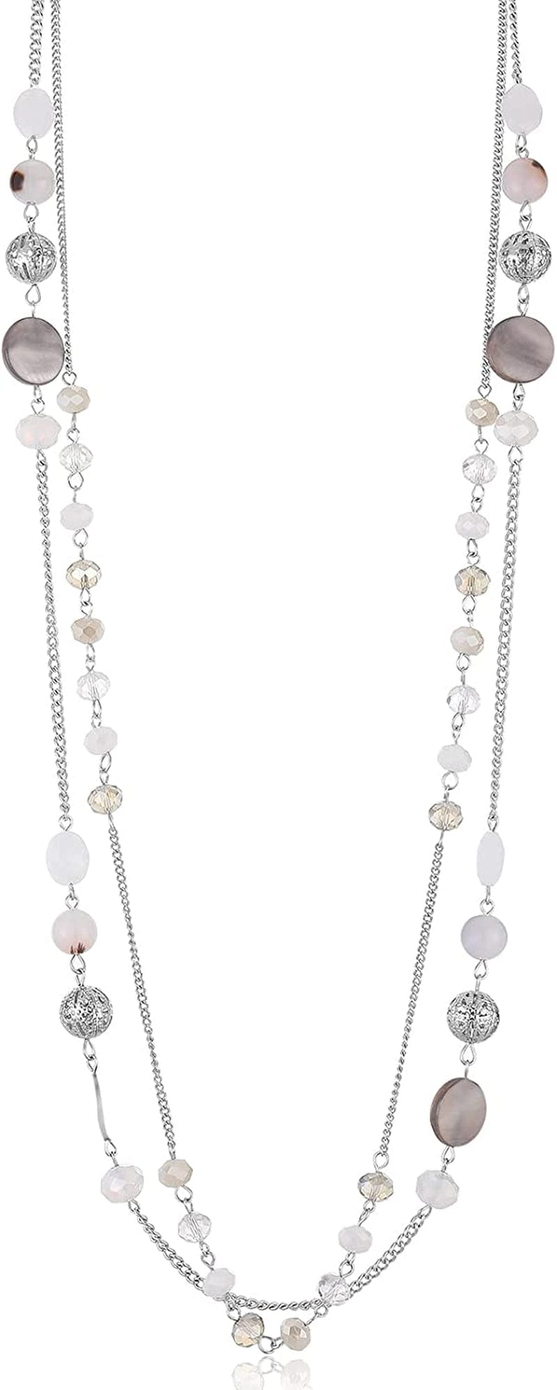 Layered Long Necklaces for Women Crystal Beaded Statement Necklace Sweater Silver Chain with Gifts Box Jewelry White
