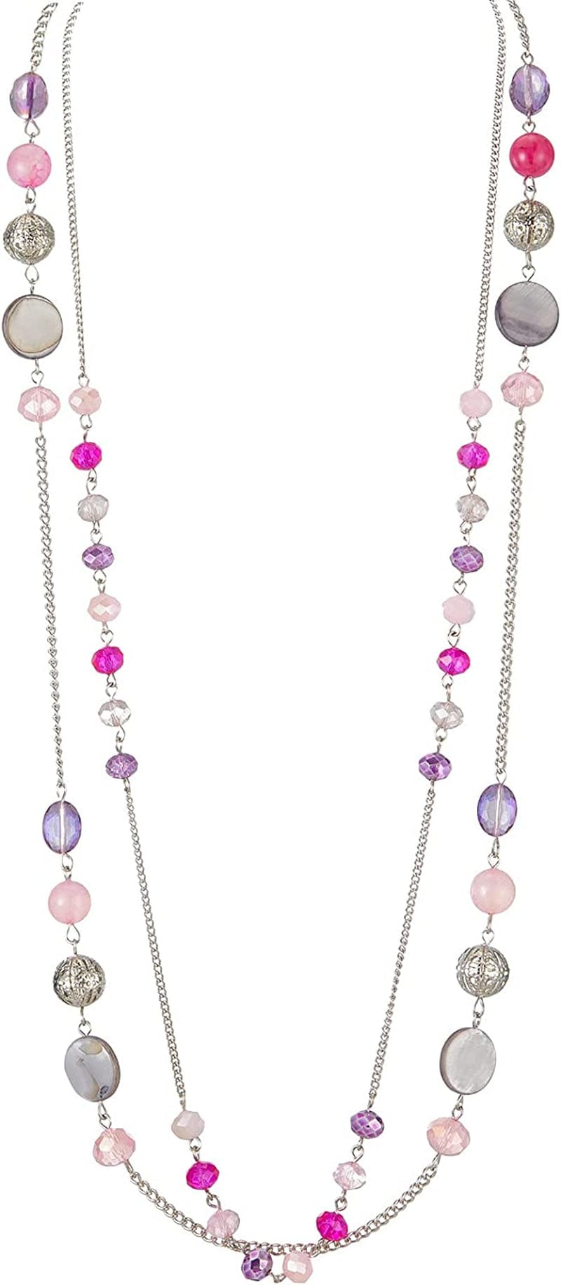 Layered Long Necklaces for Women Crystal Beaded Statement Necklace Sweater Silver Chain with Gifts Box Jewelry Hot pink