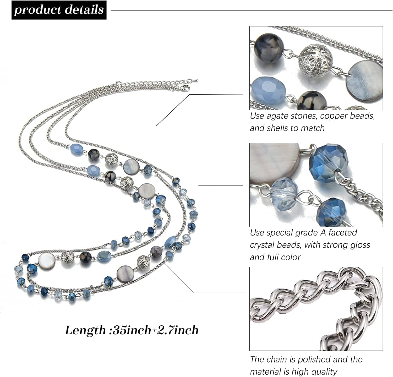 Layered Long Necklaces for Women Crystal Beaded Statement Necklace Sweater Silver Chain with Gifts Box Jewelry