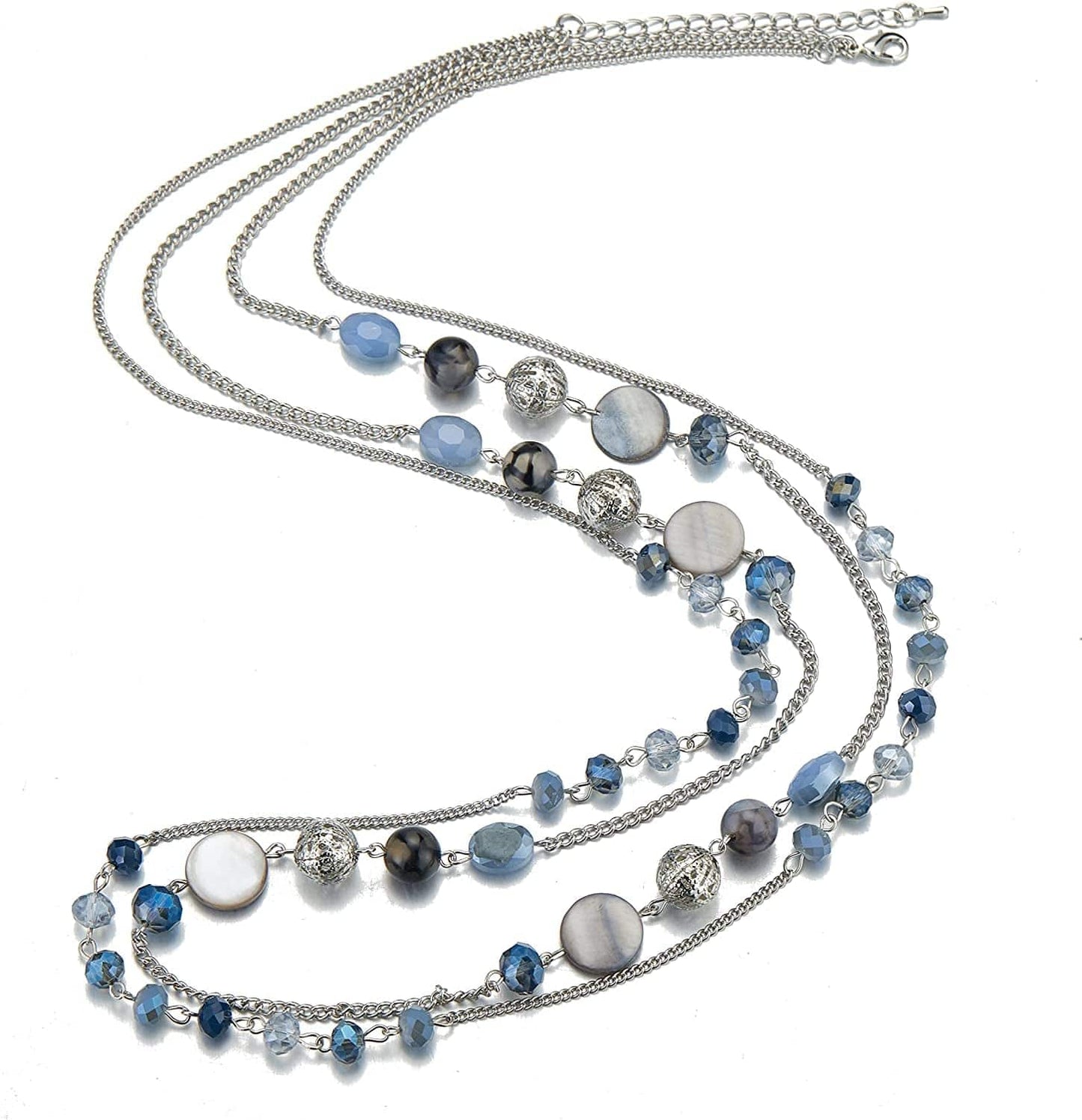 Layered Long Necklaces for Women Crystal Beaded Statement Necklace Sweater Silver Chain with Gifts Box Jewelry
