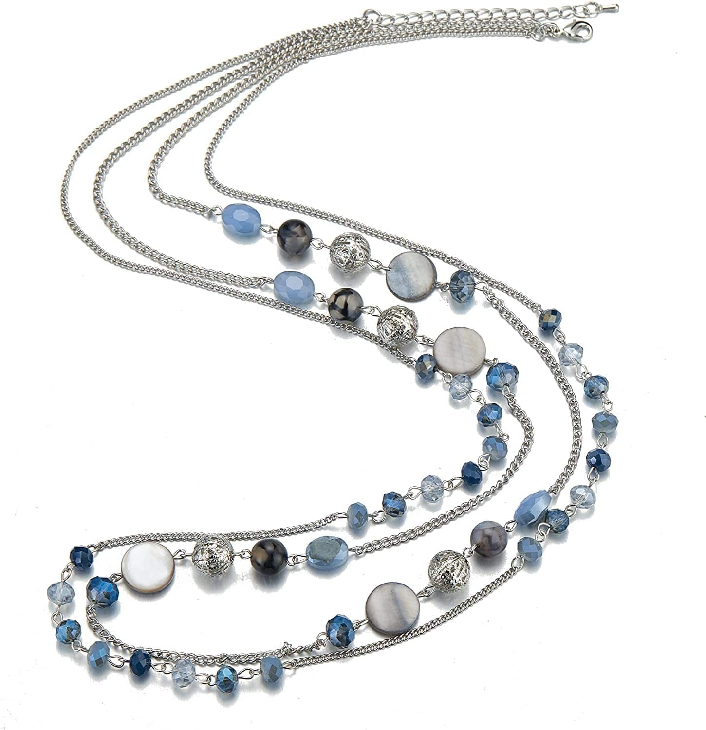 Layered Long Necklaces for Women Crystal Beaded Statement Necklace Sweater Silver Chain with Gifts Box Jewelry