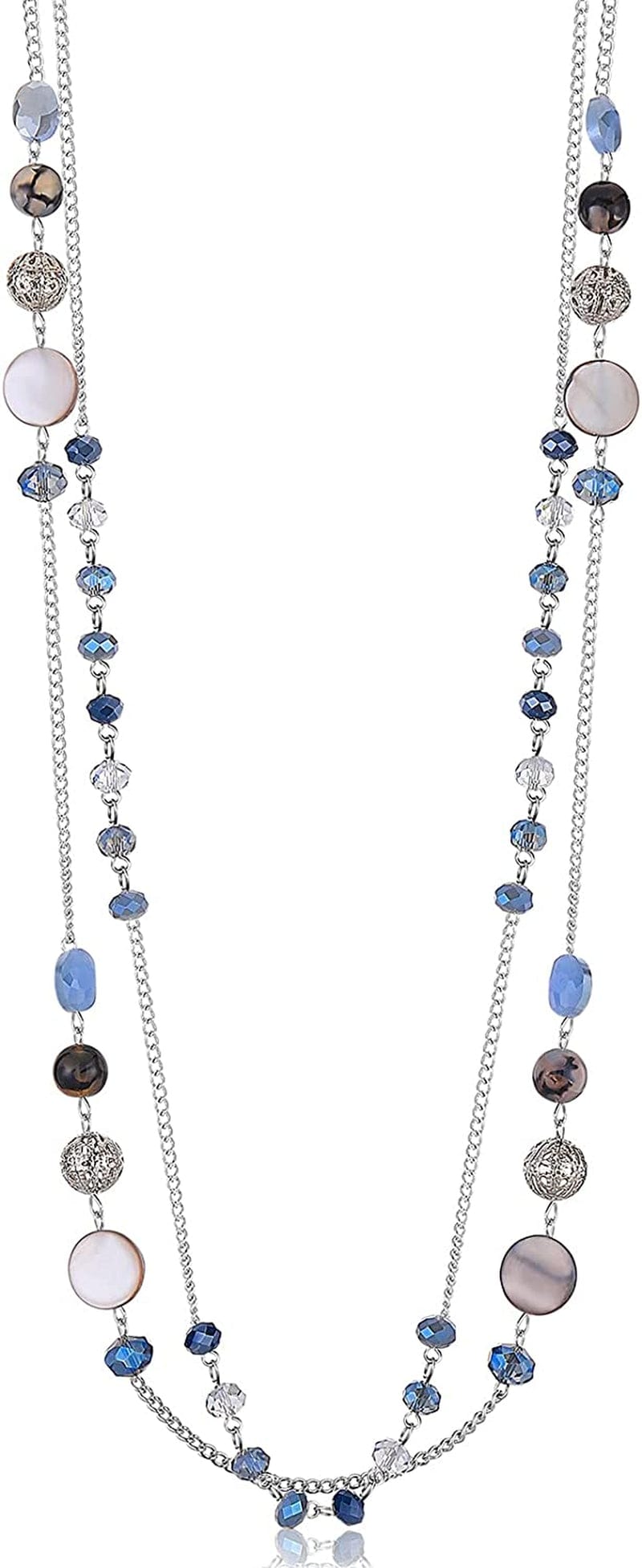 Layered Long Necklaces for Women Crystal Beaded Statement Necklace Sweater Silver Chain with Gifts Box Jewelry Blue