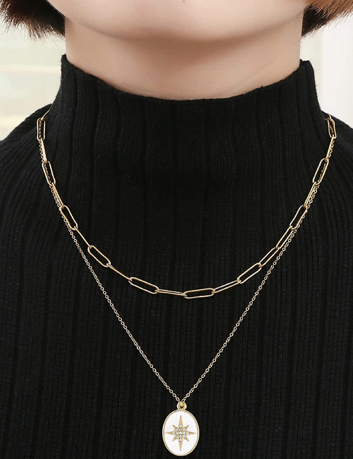 Layered Necklace for Women 14K Gold Plated Paperclip Chain Necklace Layered Pendant Necklaces Gold