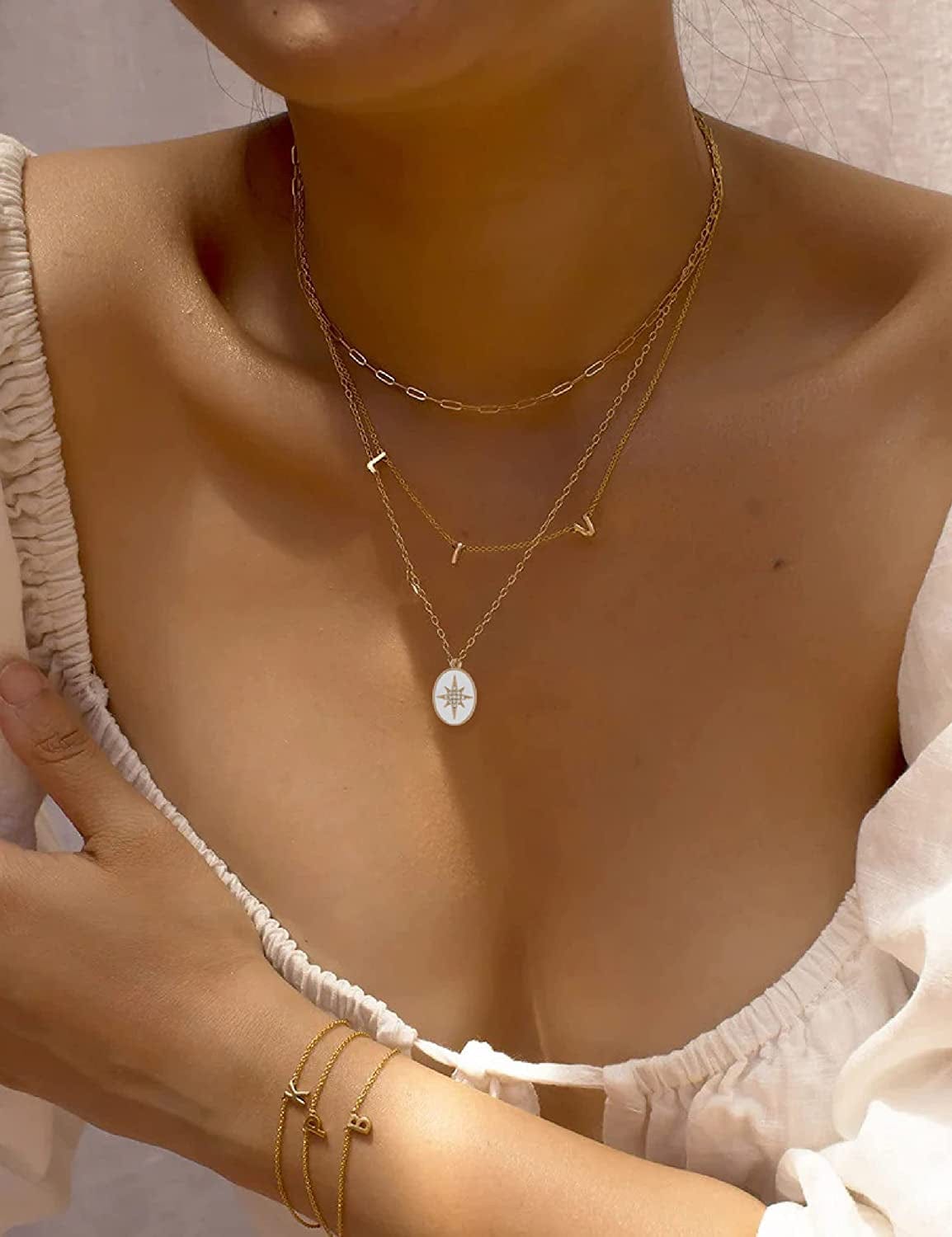 Layered Necklace for Women 14K Gold Plated Paperclip Chain Necklace Layered Pendant Necklaces Gold