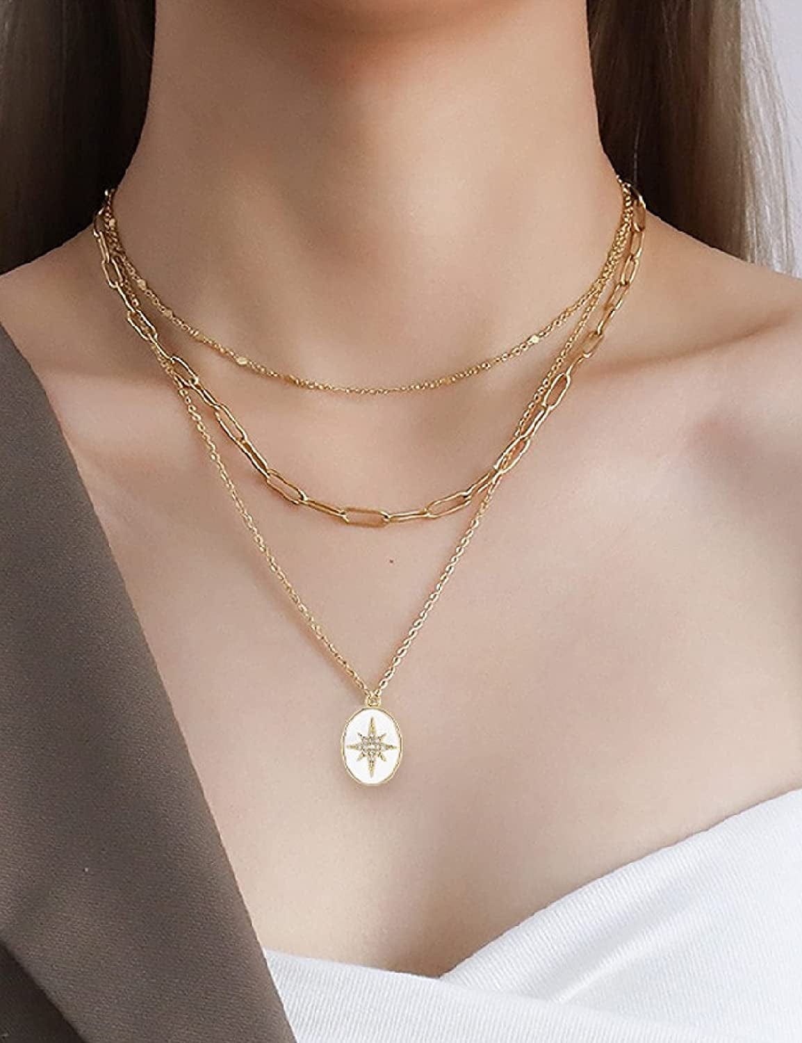 Layered Necklace for Women 14K Gold Plated Paperclip Chain Necklace Layered Pendant Necklaces Gold