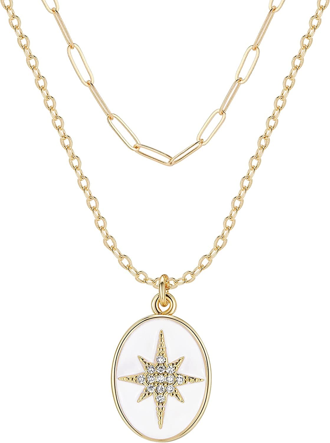 Layered Necklace for Women 14K Gold Plated Paperclip Chain Necklace Layered Pendant Necklaces Gold