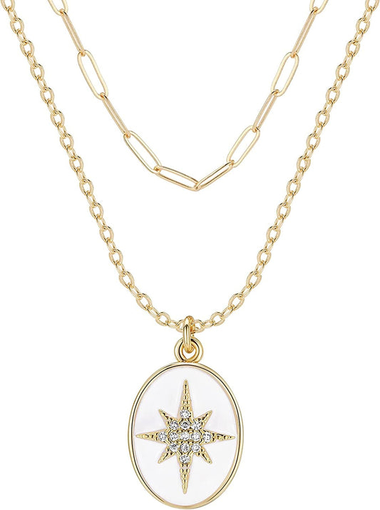 Layered Necklace for Women 14K Gold Plated Paperclip Chain Necklace Layered Pendant Necklaces Gold