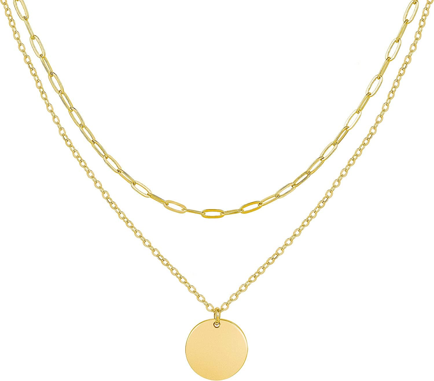 Layered Necklaces for Women - 14K Dainty Gold Plated Layering Chokers Necklaces Set Multilayer Delicate Necklace Trendy Adjustable Long Layered Necklaces for Women F 2 Piece Set - Paperclip+Coin / Gold Plated