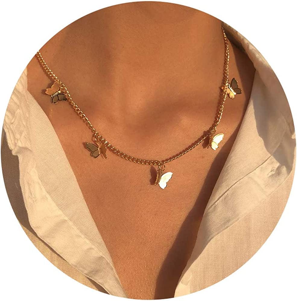 Layered Necklaces for Women - 14K Dainty Gold Plated Layering Chokers Necklaces Set Multilayer Delicate Necklace Trendy Adjustable Long Layered Necklaces for Women L Butterfly Choker / Gold Plated
