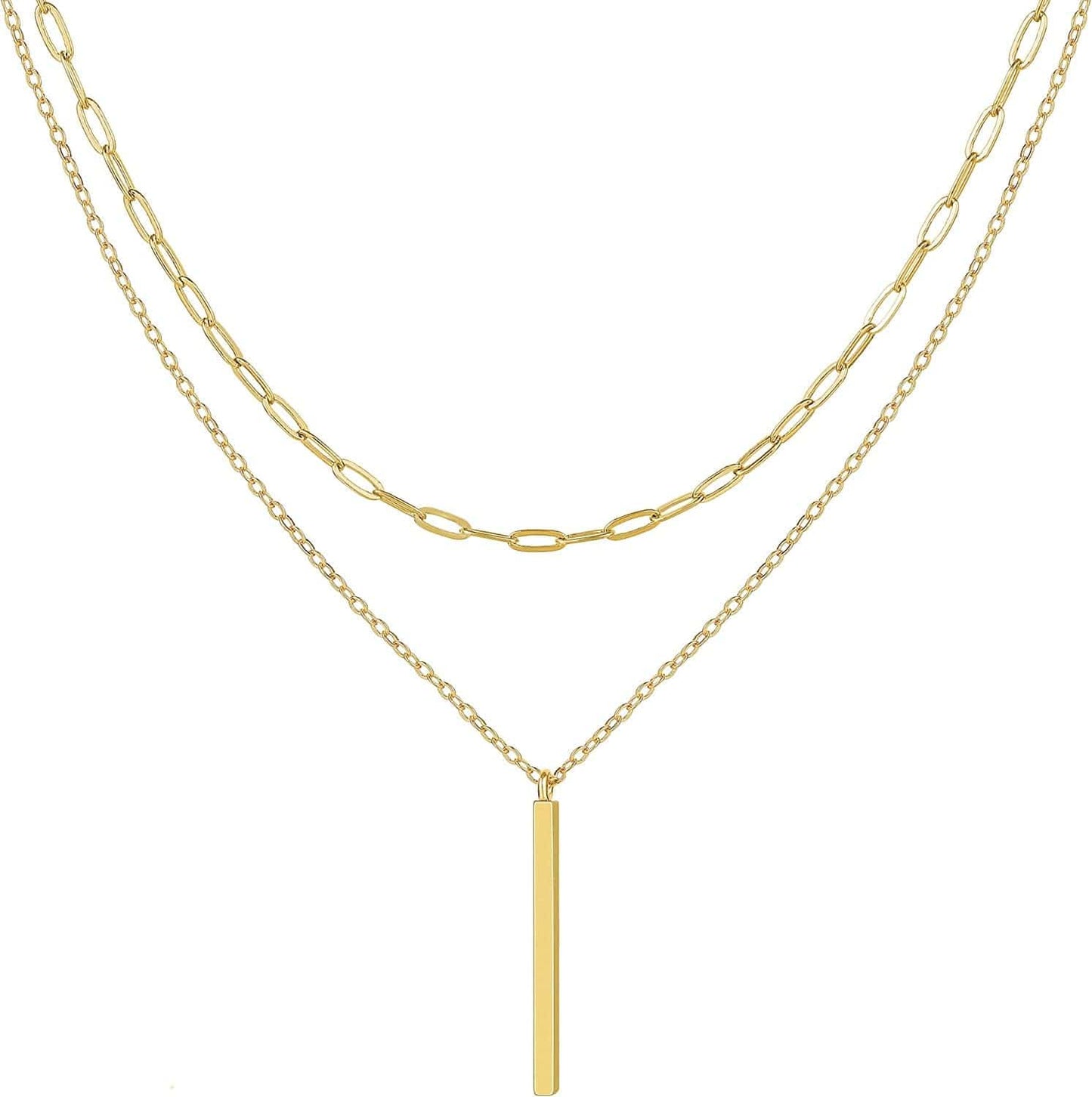 Layered Necklaces for Women - 14K Dainty Gold Plated Layering Chokers Necklaces Set Multilayer Delicate Necklace Trendy Adjustable Long Layered Necklaces for Women G 2 Piece Set - Paperclip+Bar / Gold Plated
