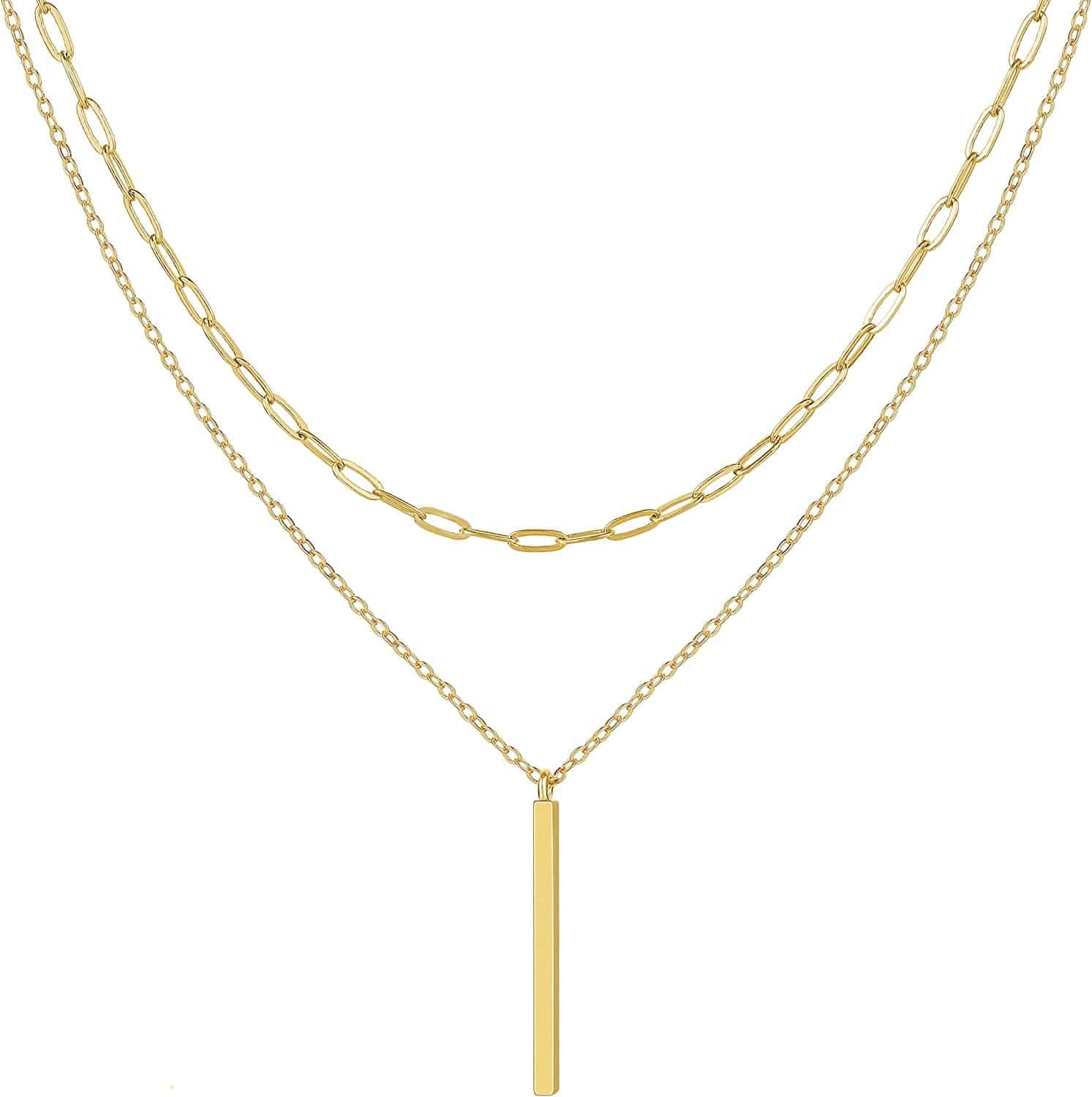 Layered Necklaces for Women - 14K Dainty Gold Plated Layering Chokers Necklaces Set Multilayer Delicate Necklace Trendy Adjustable Long Layered Necklaces for Women G 2 Piece Set - Paperclip+Bar / Gold Plated