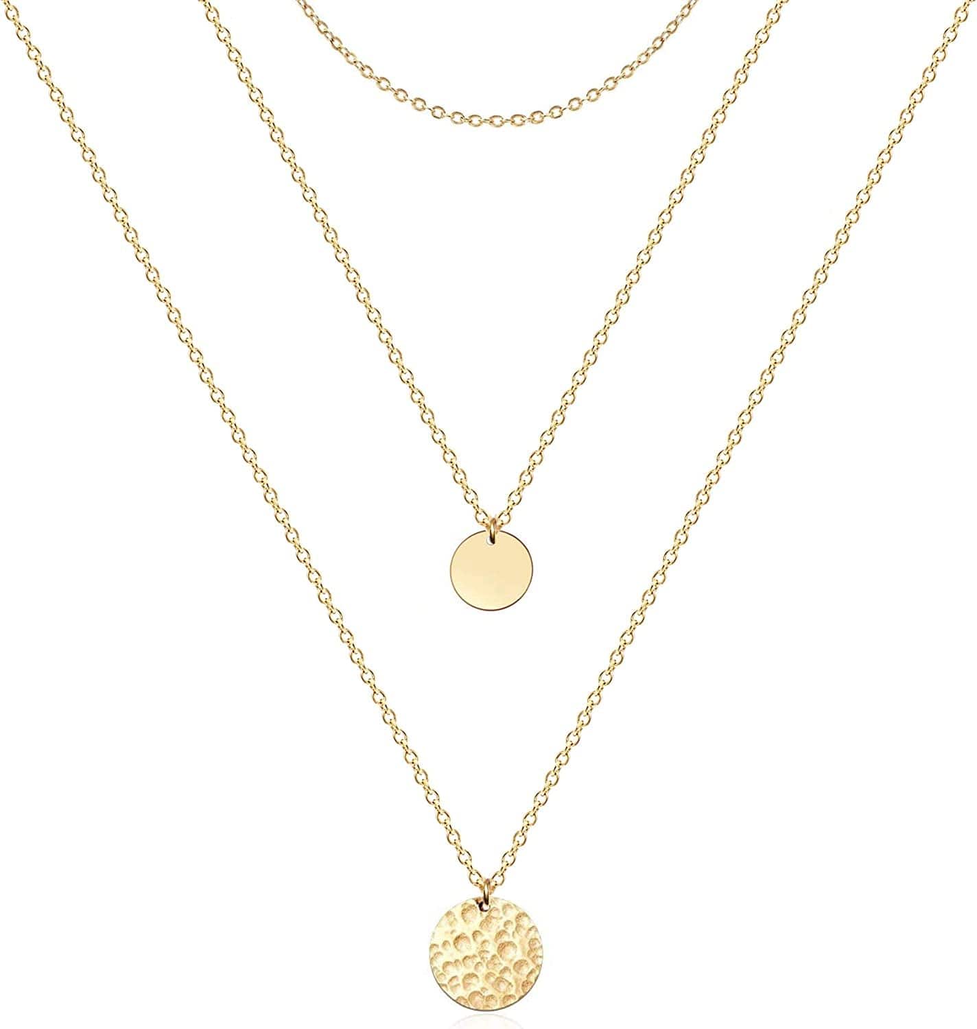 Layered Necklaces for Women - 14K Dainty Gold Plated Layering Chokers Necklaces Set Multilayer Delicate Necklace Trendy Adjustable Long Layered Necklaces for Women A 3 Piece Set - Chain+Disc+Hammered Disc / Gold Plated