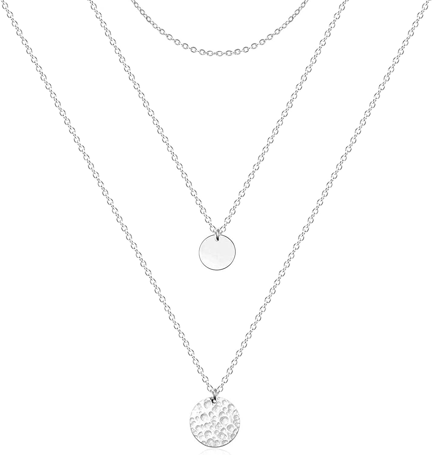 Layered Necklaces for Women - 14K Dainty Gold Plated Layering Chokers Necklaces Set Multilayer Delicate Necklace Trendy Adjustable Long Layered Necklaces for Women A 3 Piece Set - Chain+Disc+Hammered Disc / Silver Plated