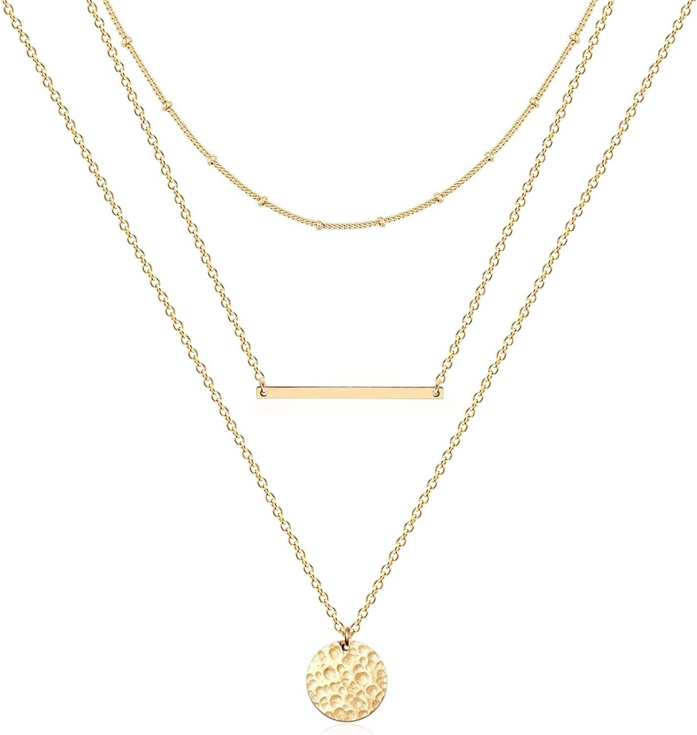 Layered Necklaces for Women - 14K Dainty Gold Plated Layering Chokers Necklaces Set Multilayer Delicate Necklace Trendy Adjustable Long Layered Necklaces for Women B 3 Piece Set - Chain+Bar+Hammered Disc / Gold Plated