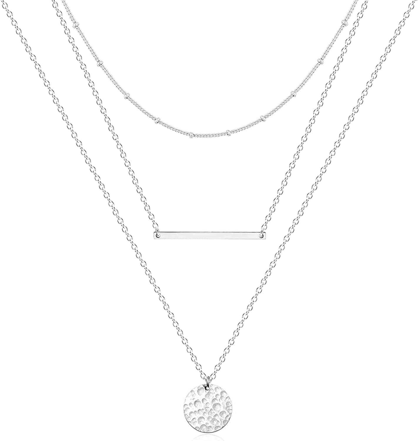 Layered Necklaces for Women - 14K Dainty Gold Plated Layering Chokers Necklaces Set Multilayer Delicate Necklace Trendy Adjustable Long Layered Necklaces for Women B 3 Piece Set - Chain+Bar+Hammered Disc / Silver Plated
