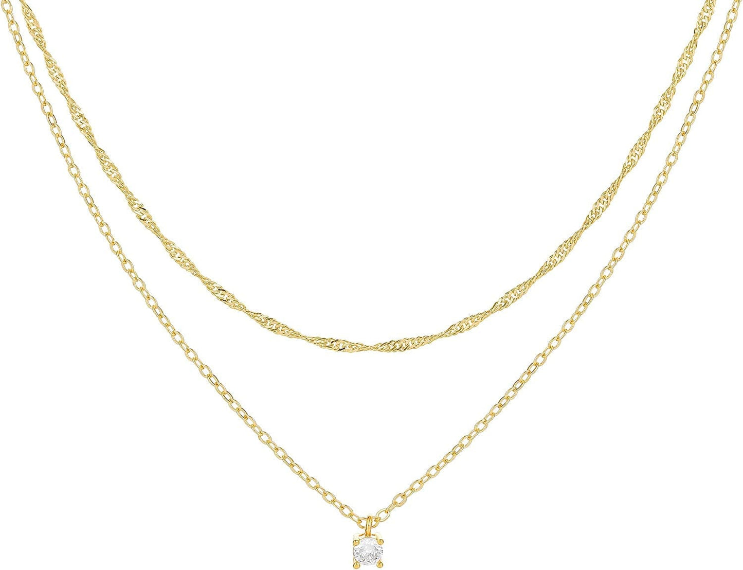 Layered Necklaces for Women - 14K Dainty Gold Plated Layering Chokers Necklaces Set Multilayer Delicate Necklace Trendy Adjustable Long Layered Necklaces for Women E 2 Piece Set - Water Wave Chain+CZ / Gold Plated
