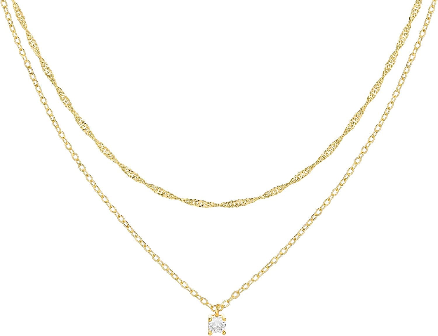 Layered Necklaces for Women - 14K Dainty Gold Plated Layering Chokers Necklaces Set Multilayer Delicate Necklace Trendy Adjustable Long Layered Necklaces for Women E 2 Piece Set - Water Wave Chain+CZ / Gold Plated