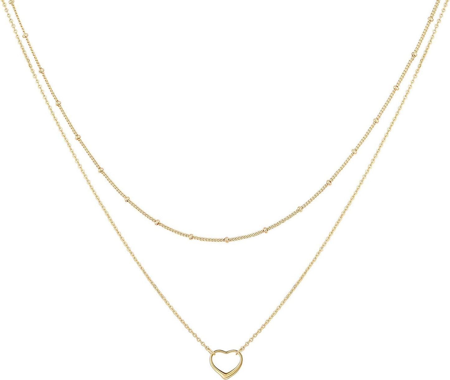 Layered Necklaces for Women - 14K Dainty Gold Plated Layering Chokers Necklaces Set Multilayer Delicate Necklace Trendy Adjustable Long Layered Necklaces for Women D 2 Piece Set - Bead Chain+Heart / Gold Plated
